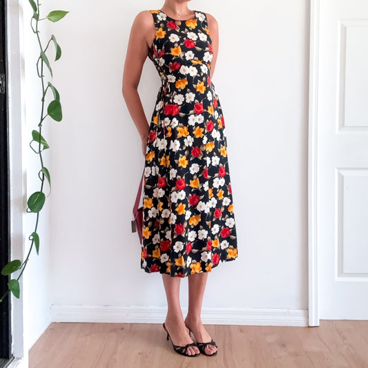 90's Black Red & Orange Floral Midi Dress / SZ S