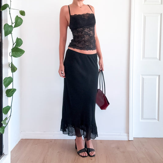 Y2K Black Rayon Embroidered Maxi Skirt / SZ S-M