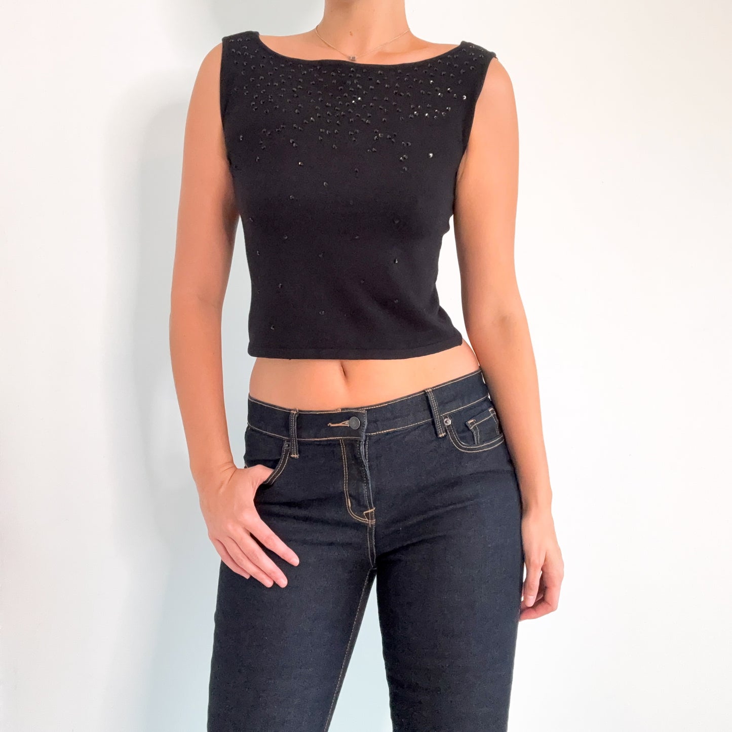 Y2K Black Knit Sequin Boat Neck Top / SZ M