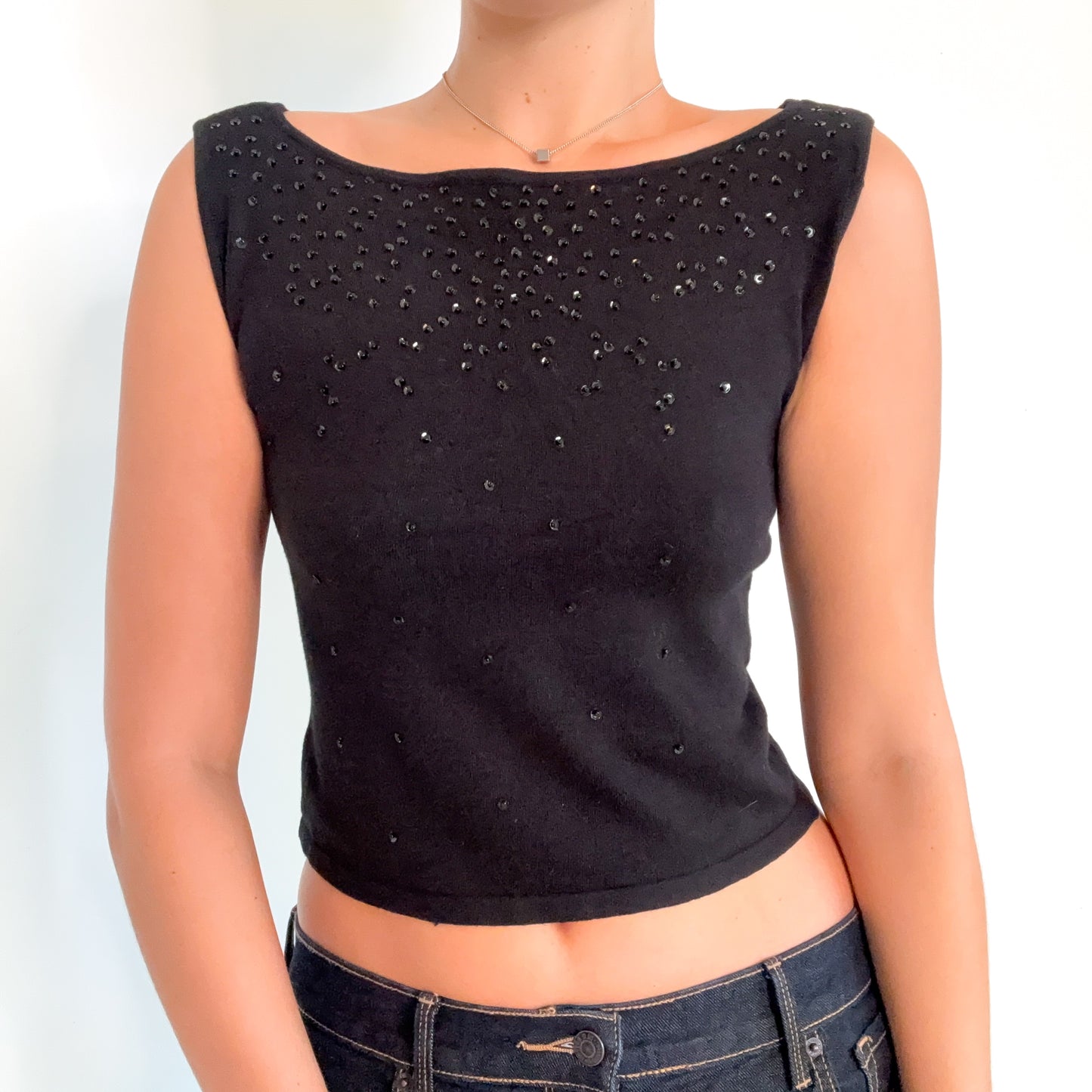 Y2K Black Knit Sequin Boat Neck Top / SZ M