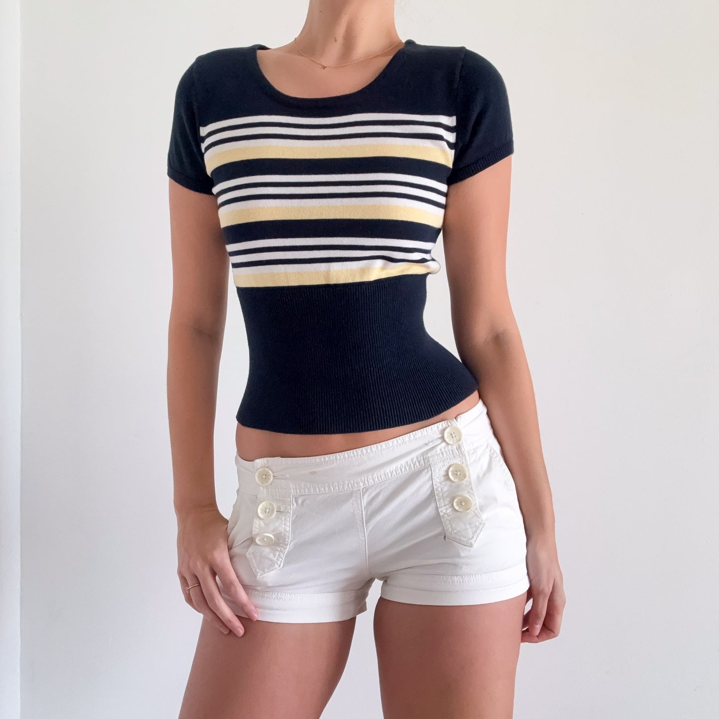 Y2K Navy & Yellow Striped Knit Top / SZ XS/S