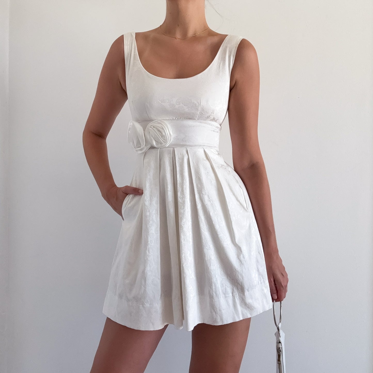 Y2K White Brocade Rosette Mini Dress / SZ 0/2