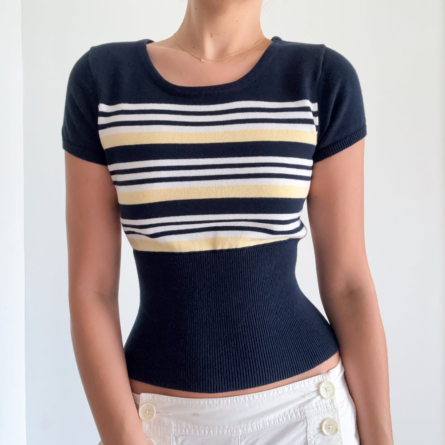Y2K Navy & Yellow Striped Knit Top / SZ XS/S