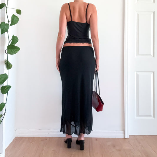 Y2K Black Rayon Embroidered Maxi Skirt / SZ S-M