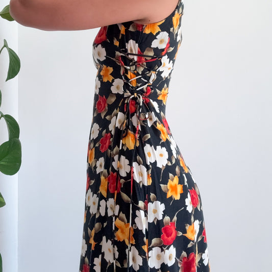 90's Black Red & Orange Floral Midi Dress / SZ S