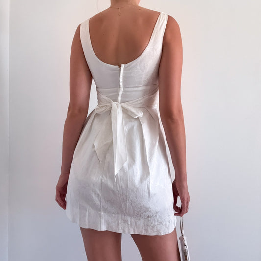 Y2K White Brocade Rosette Mini Dress / SZ 0/2