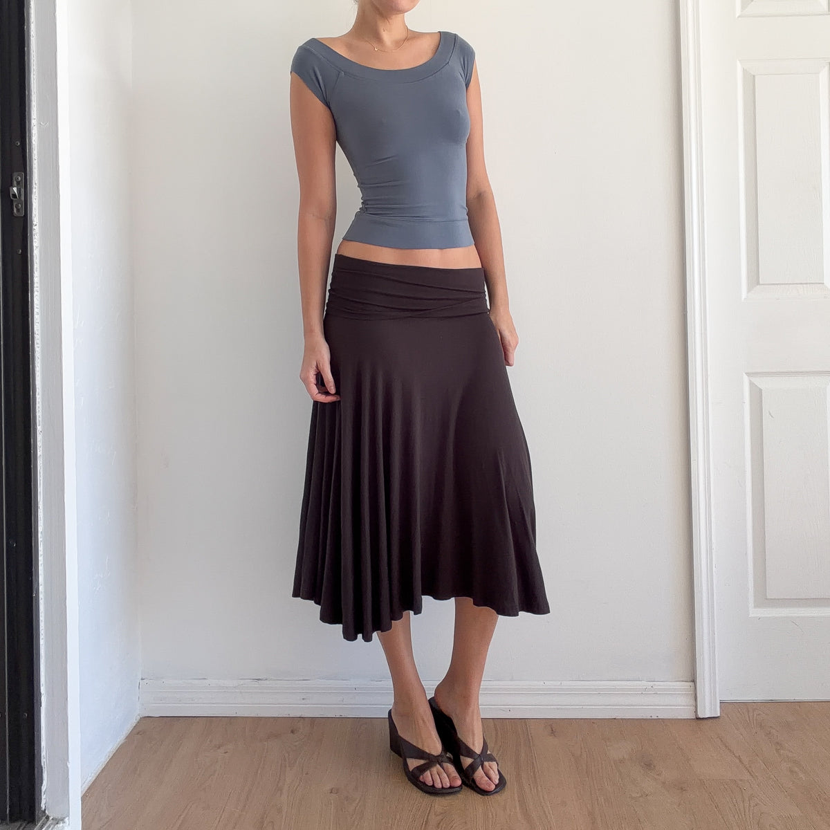 Y2K Brown Rayon Foldover Midi Skirt / SZ M