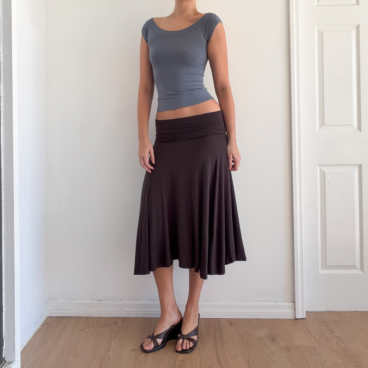 Y2K Brown Rayon Foldover Midi Skirt / SZ M
