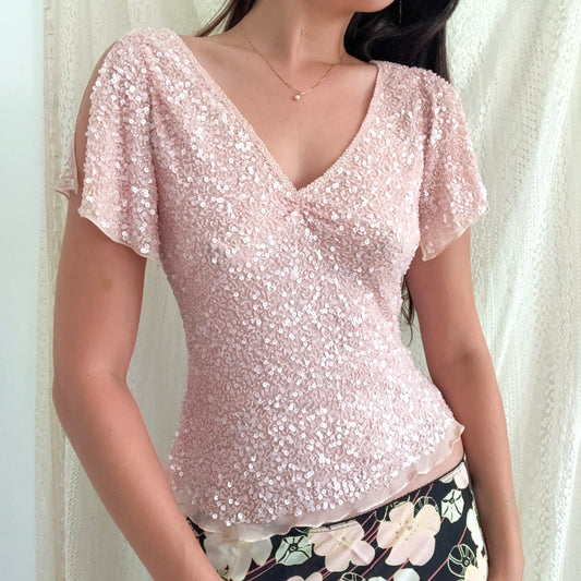 90's Baby Pink Silk Beaded Sequin Top / SZ S-M