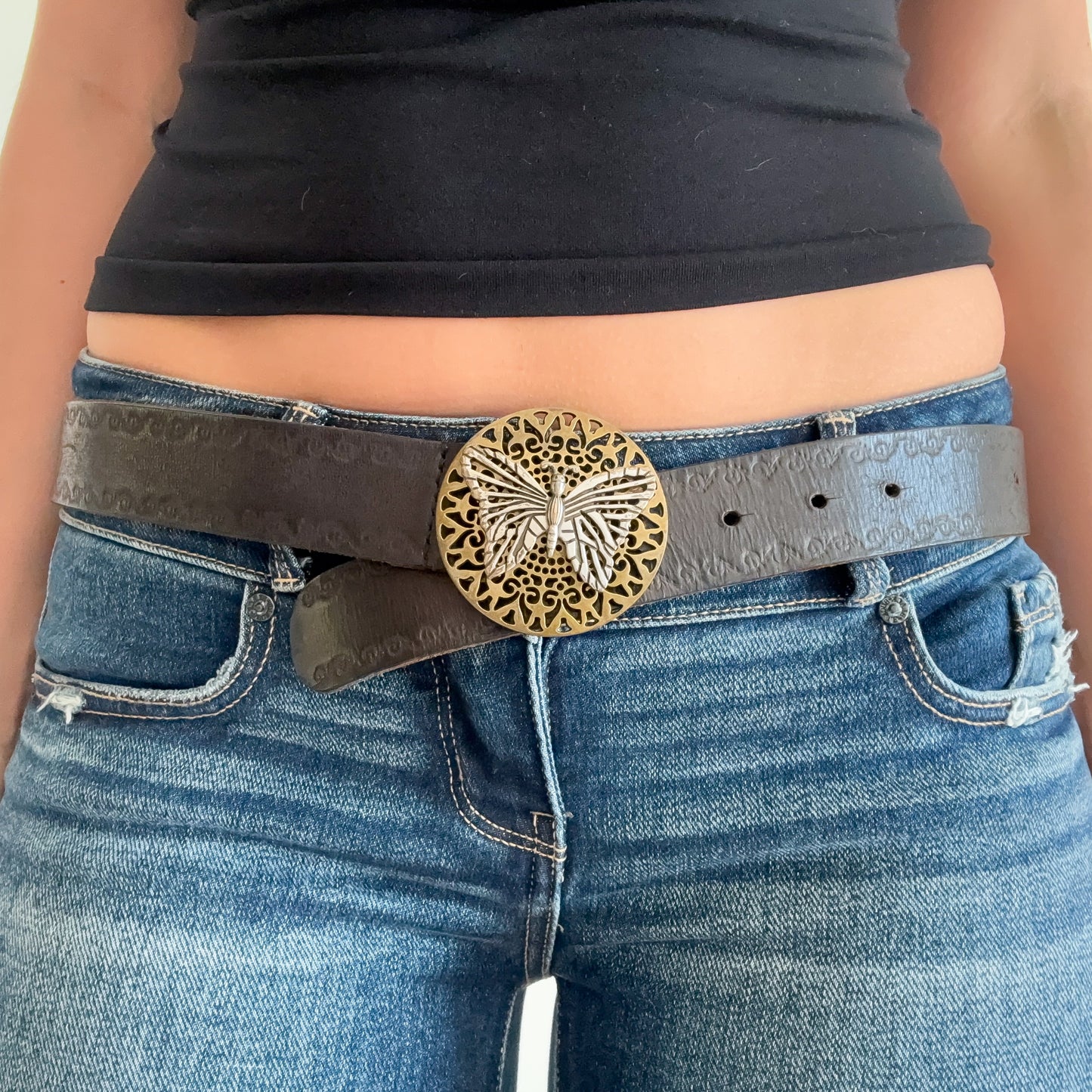 Y2K Fossil Brown Leather Butterfly Belt / SZ M-L