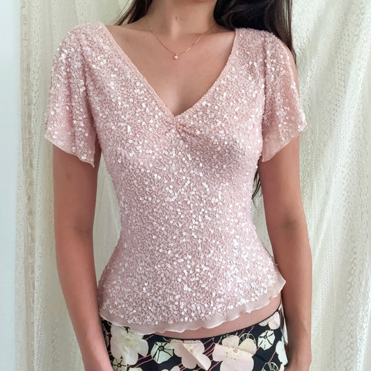 90's Baby Pink Silk Beaded Sequin Top / SZ S-M