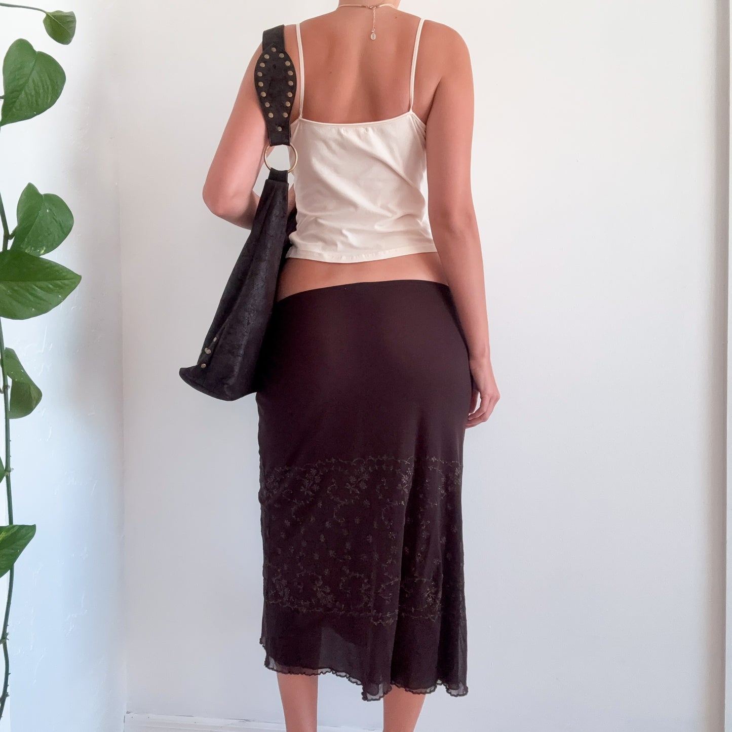 Y2K Brown Mesh Floral Glitter Midi Skirt / SZ M-L