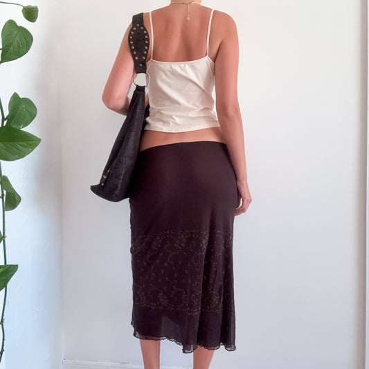Y2K Brown Mesh Floral Glitter Midi Skirt / SZ M-L