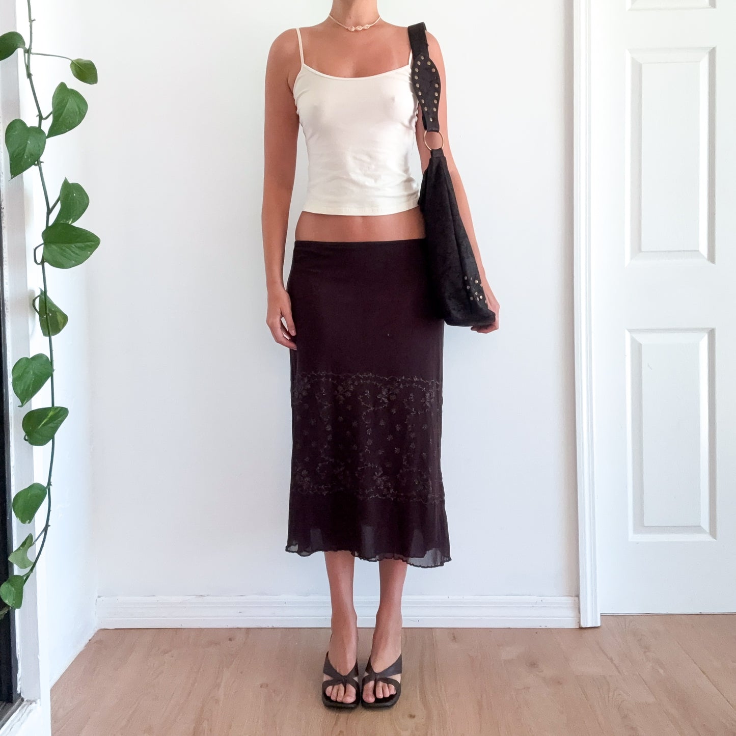 Y2K Brown Mesh Floral Glitter Midi Skirt / SZ M-L