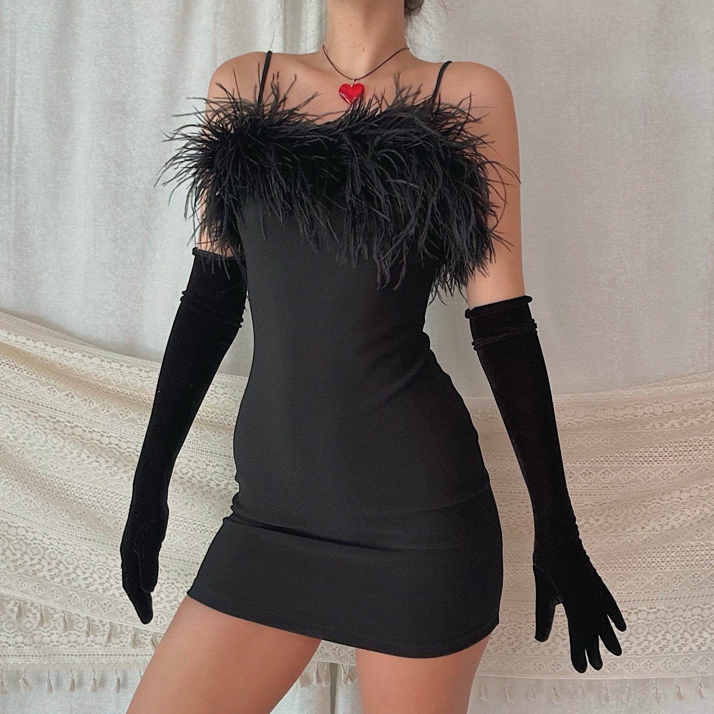 80's Black Ostrich Fur Mini Dress / SZ M