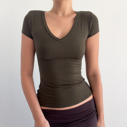 Y2K Army Green V-Neck Tee / SZ XS