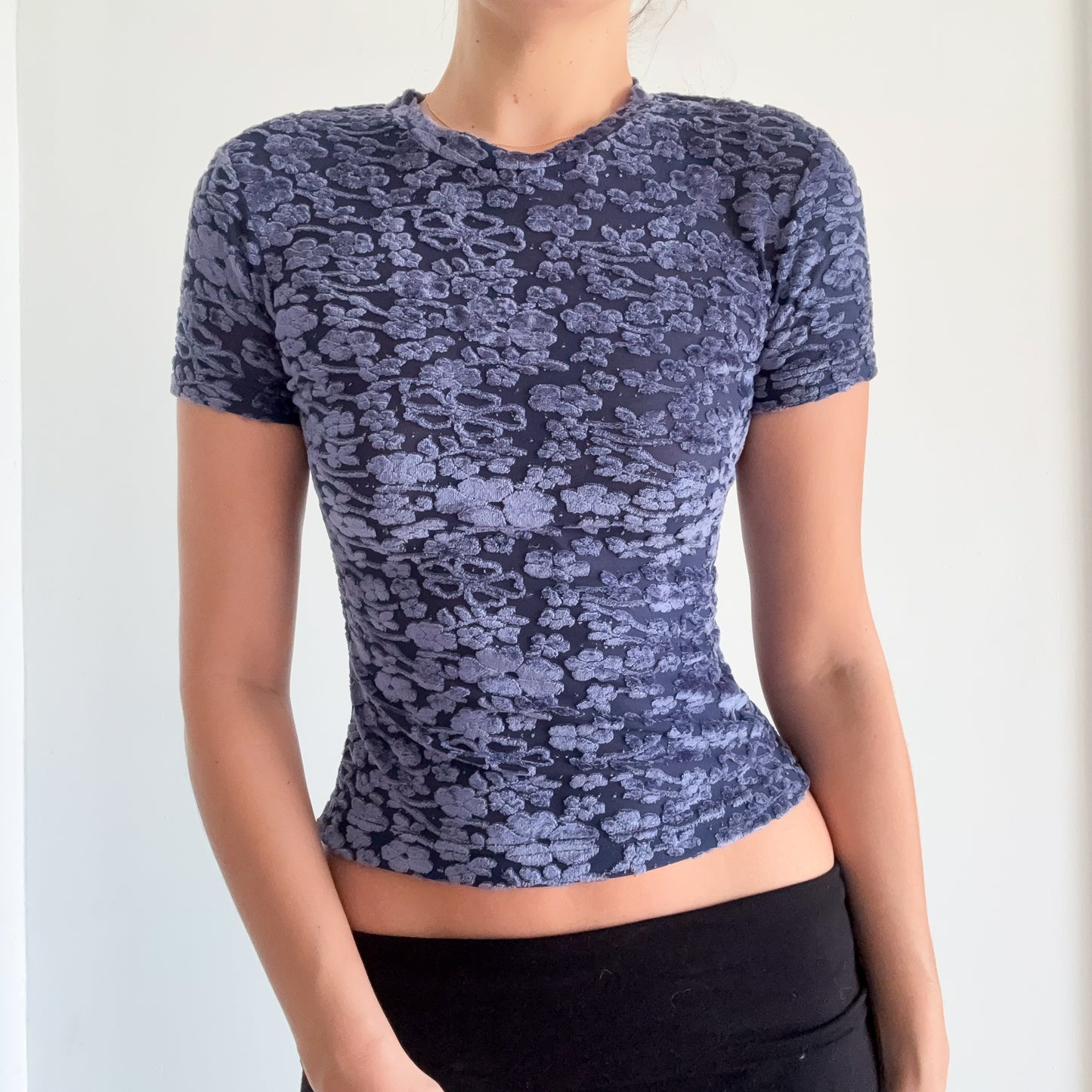 Y2K Blue Velvet Floral Tee / SZ S