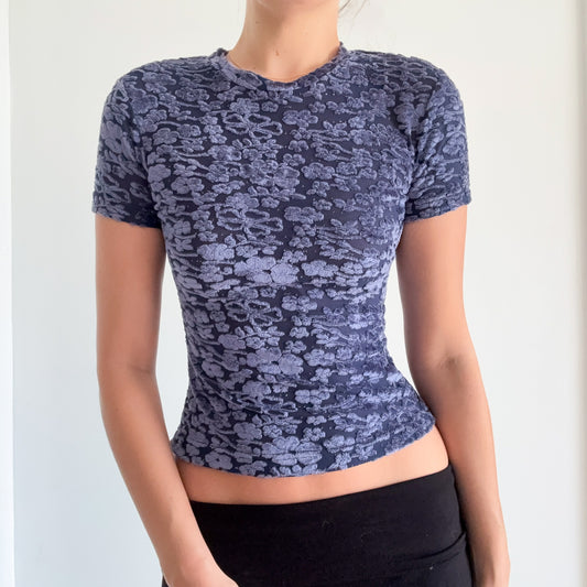 Y2K Blue Velvet Floral Tee / SZ S