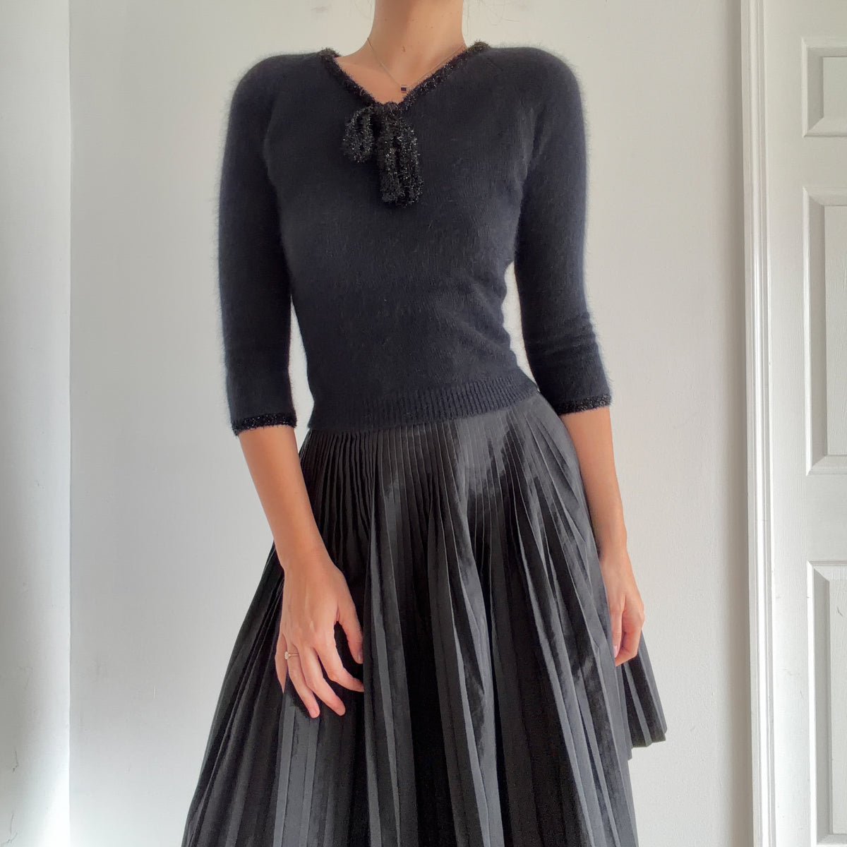 Y2K Black Angora Metallic Bow Sweater / SZ S