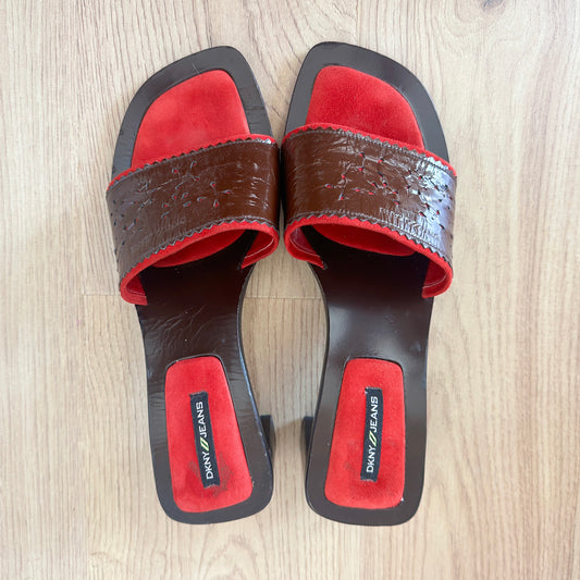 Y2K DKNY Brown & Red Wooden Sandals / SZ 9.5