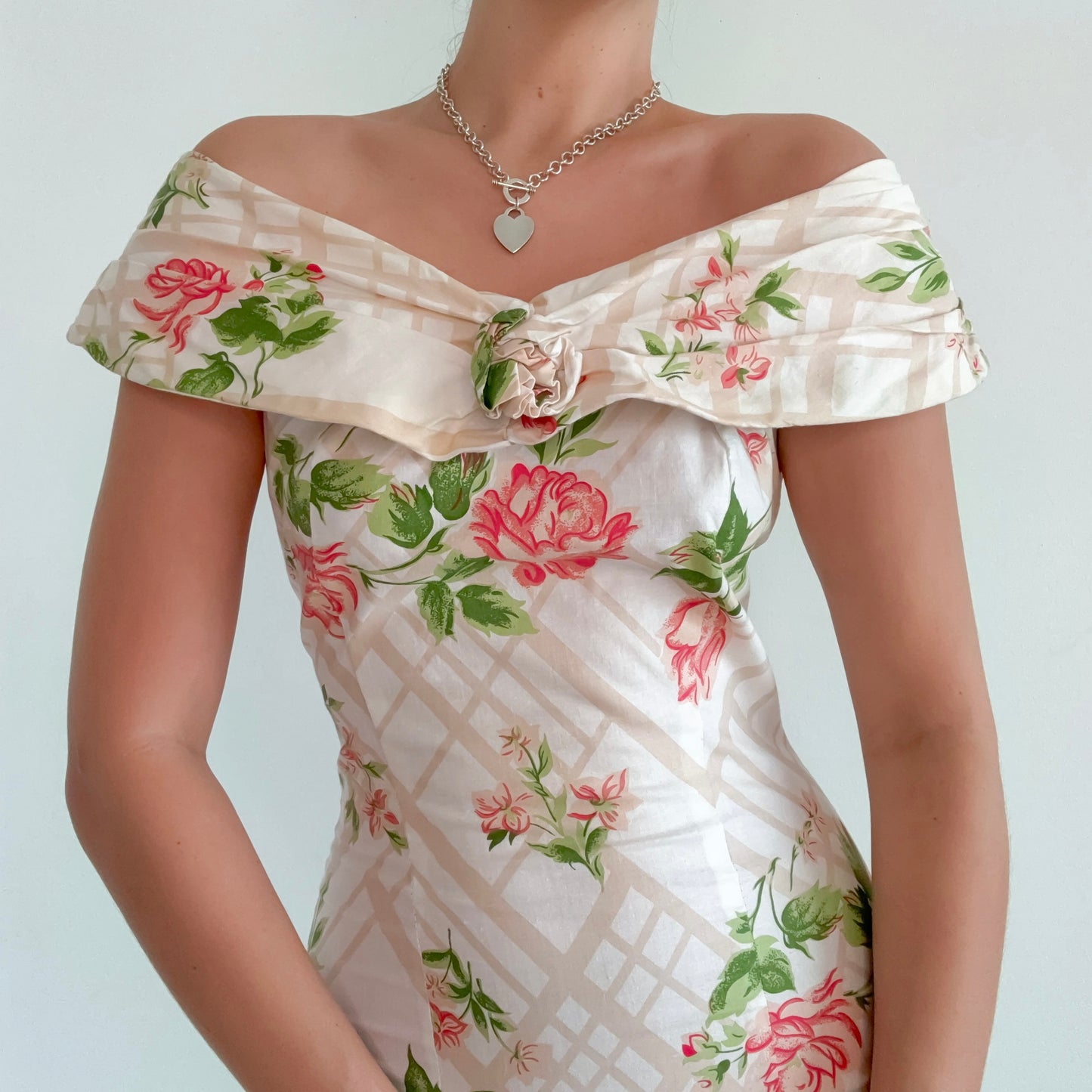 Y2K Cream & Pink Floral Off the Shoulder Dress / SZ 4/6