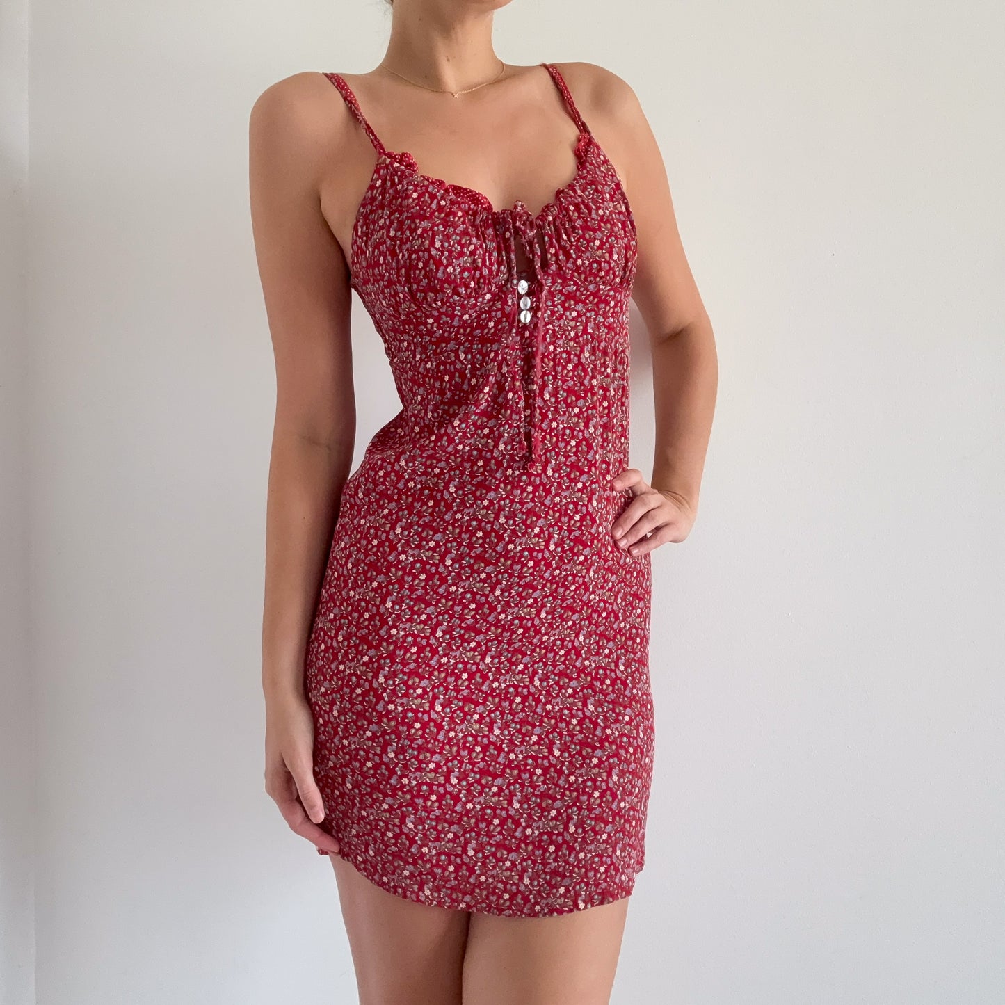 90's Red Floral Rayon Mini Dress / SZ S