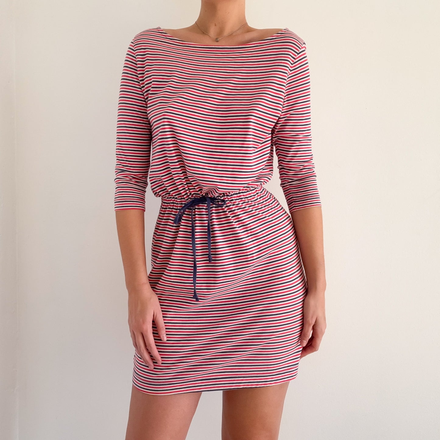 2010's Red & Navy Striped Cotton Dress / SZ M