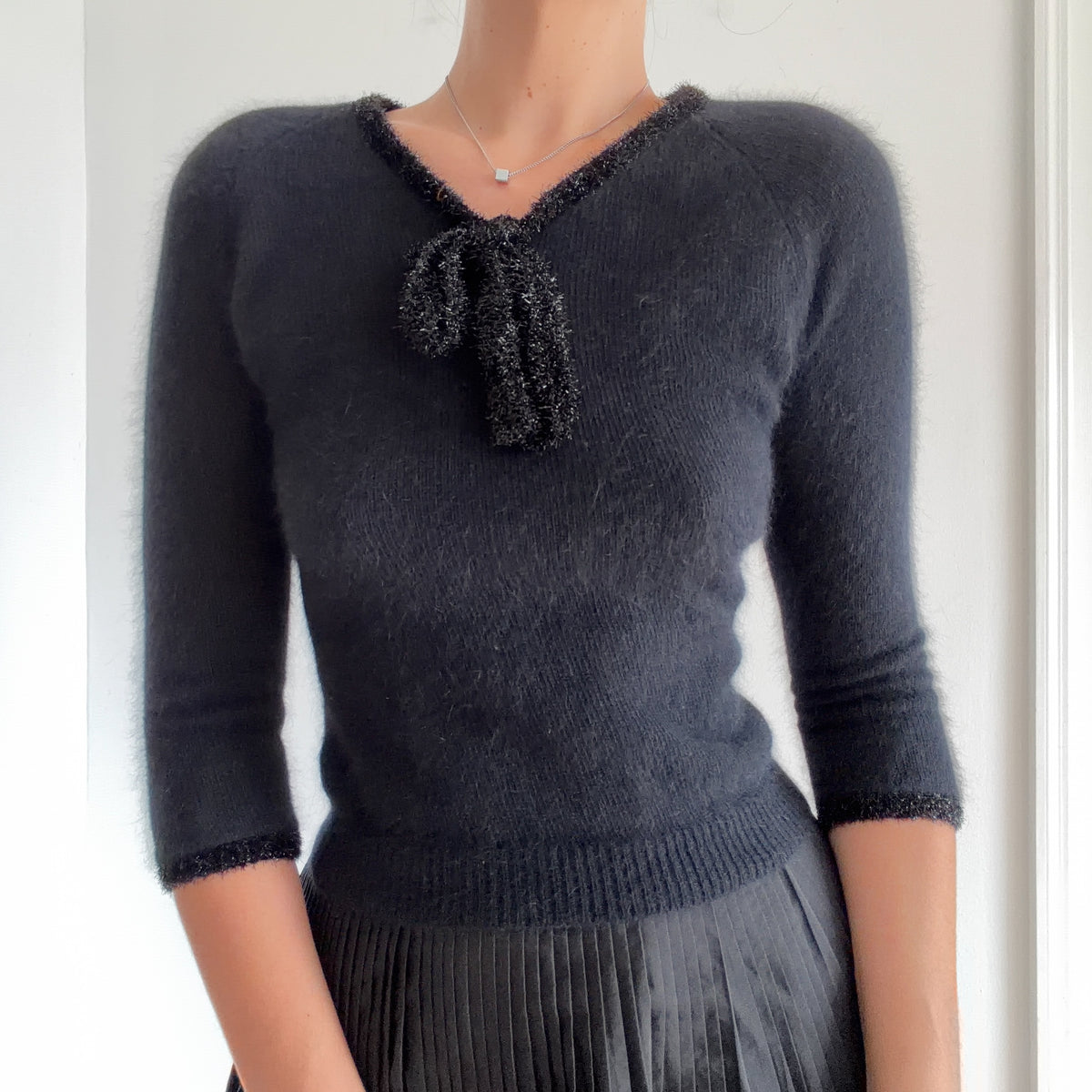 Y2K Black Angora Metallic Bow Sweater / SZ S