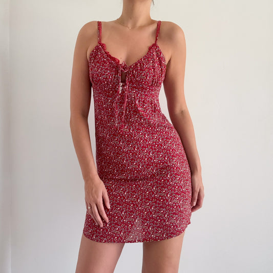 90's Red Floral Rayon Mini Dress / SZ S