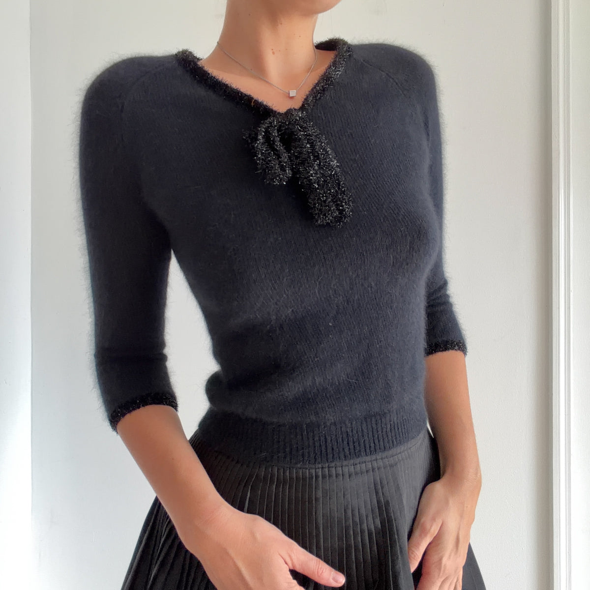 Y2K Black Angora Metallic Bow Sweater / SZ S