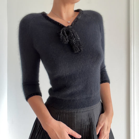 Y2K Black Angora Metallic Bow Sweater / SZ S