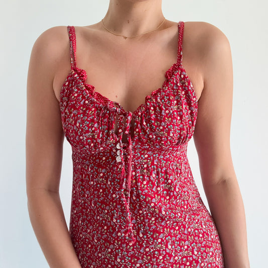 90's Red Floral Rayon Mini Dress / SZ S
