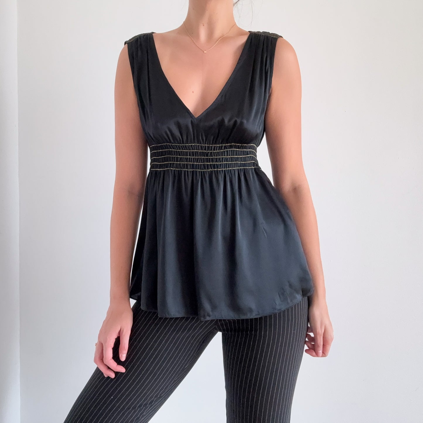 Y2K Black Silk Smocked Babydoll Top / SZ S-M