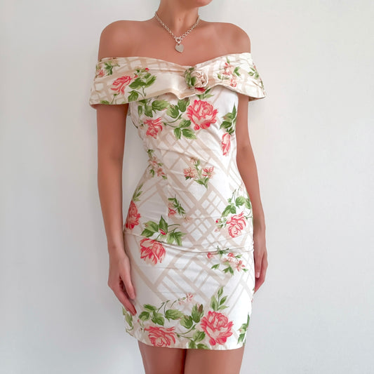 Y2K Cream & Pink Floral Off the Shoulder Dress / SZ 4/6