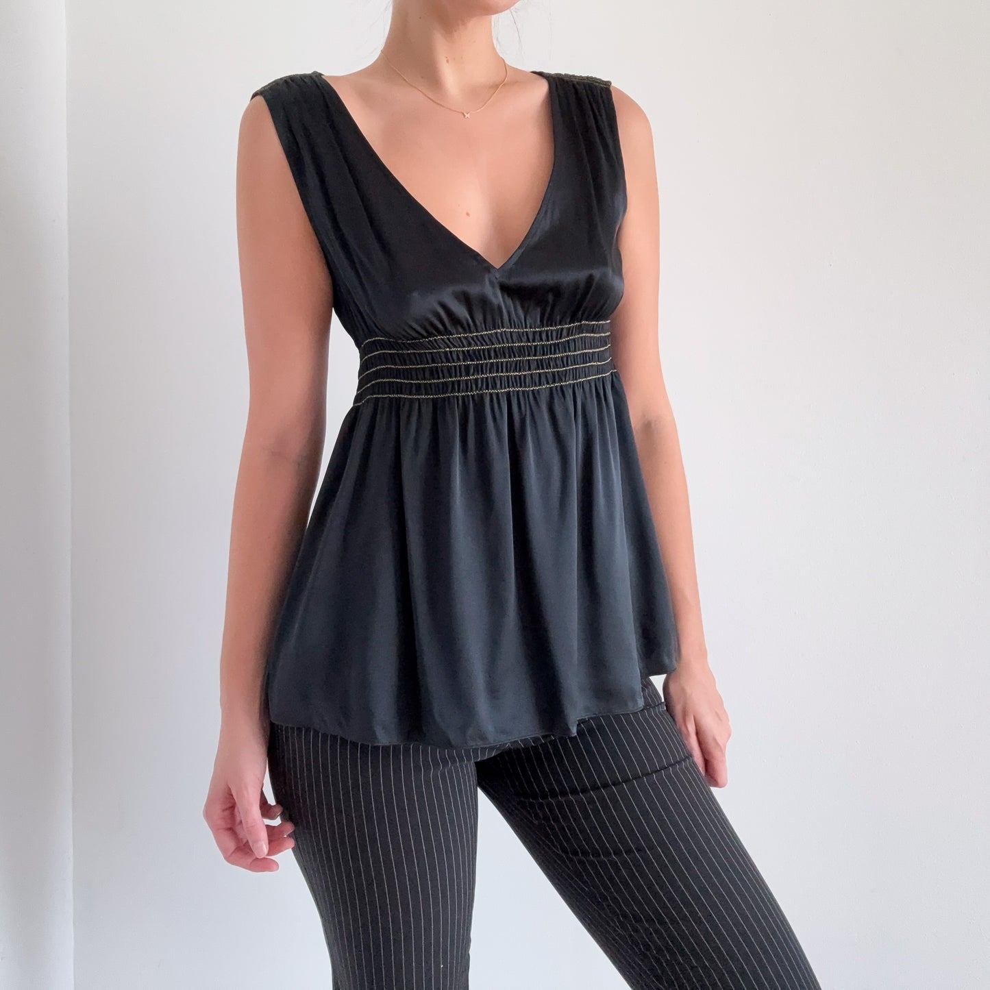 Y2K Black Silk Smocked Babydoll Top / SZ S-M