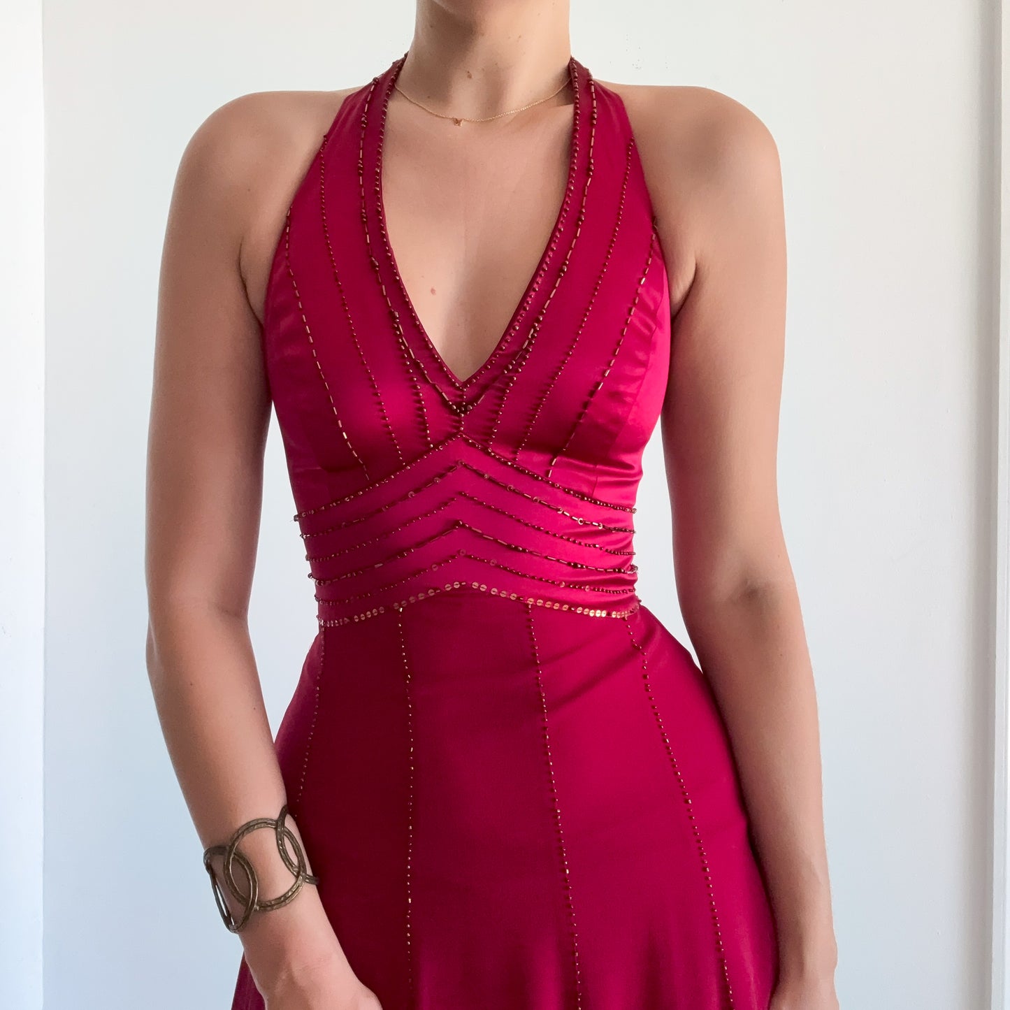 Y2K Burgundy Silk Beaded Halter Dress / SZ 2/4