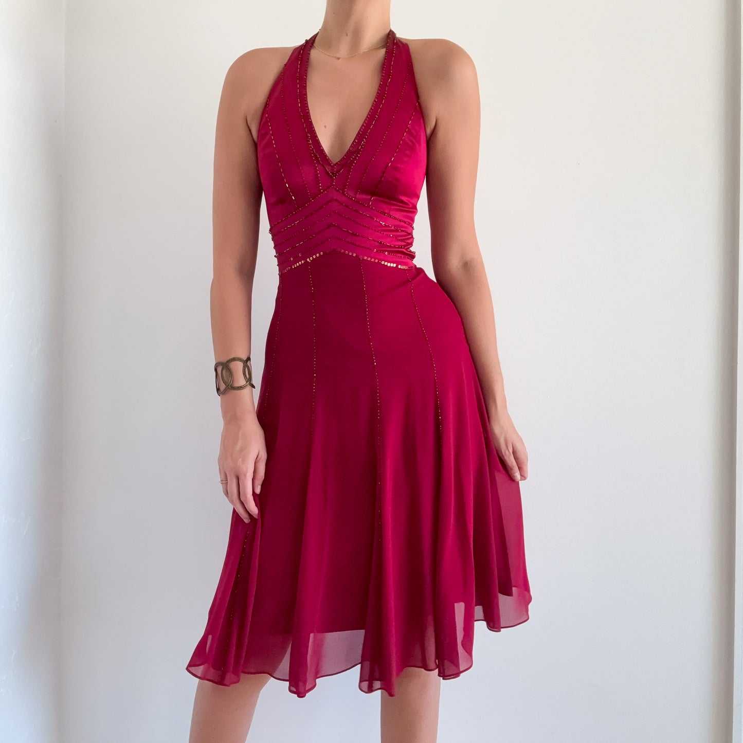 Y2K Burgundy Silk Beaded Halter Dress / SZ 2/4