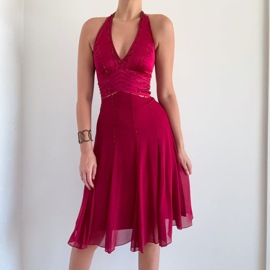 Y2K Burgundy Silk Beaded Halter Dress / SZ 2/4