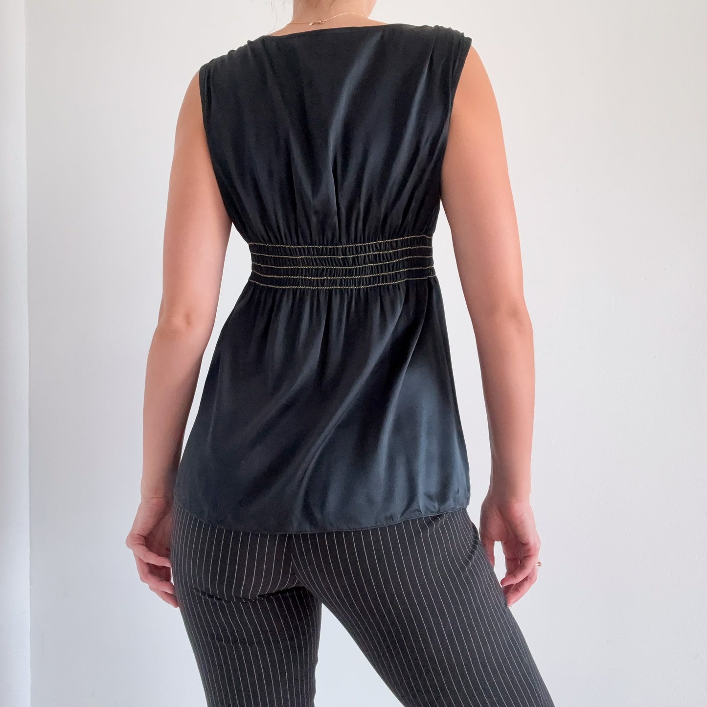Y2K Black Silk Smocked Babydoll Top / SZ S-M