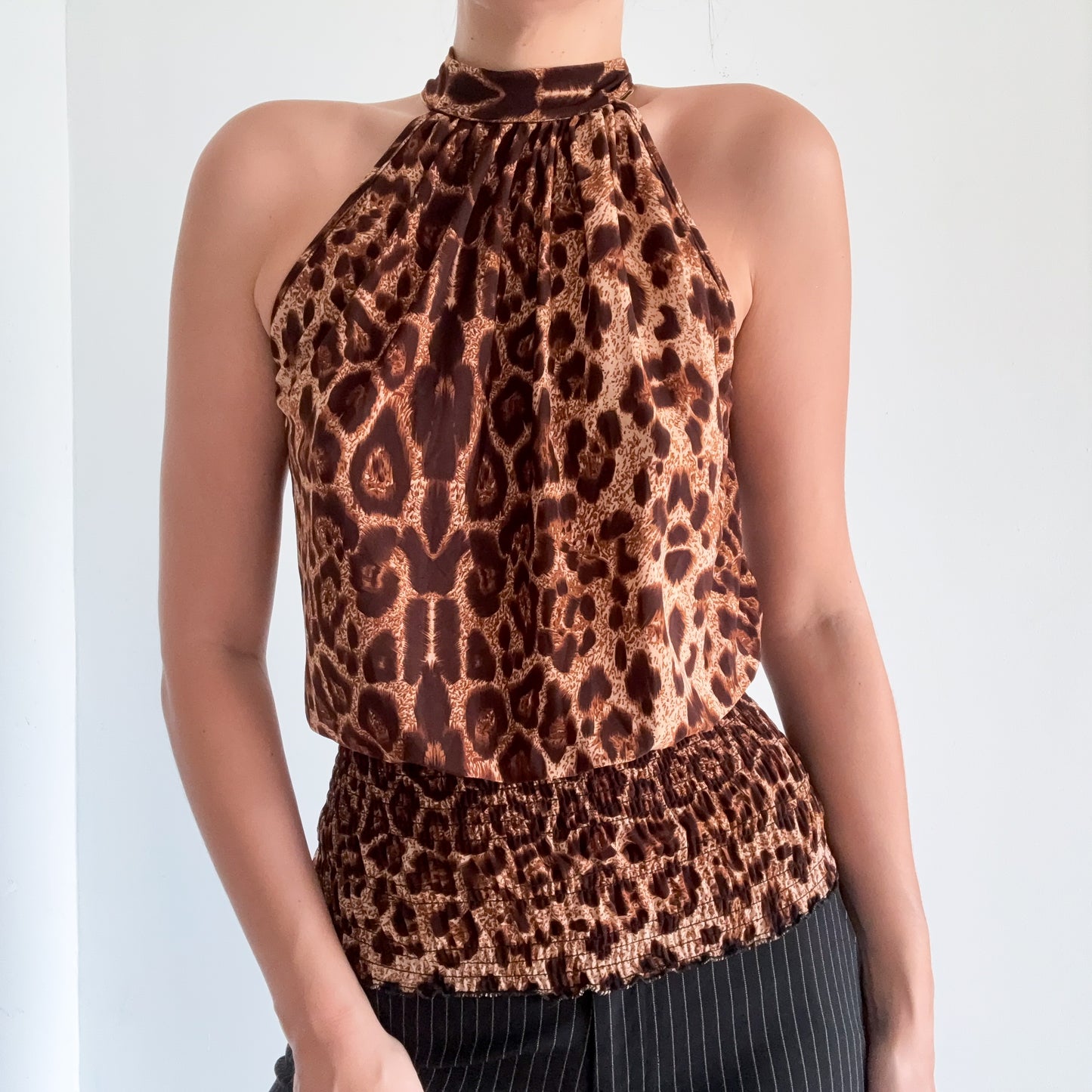 Y2K Leopard High Neck Smocked Top / SZ S-M