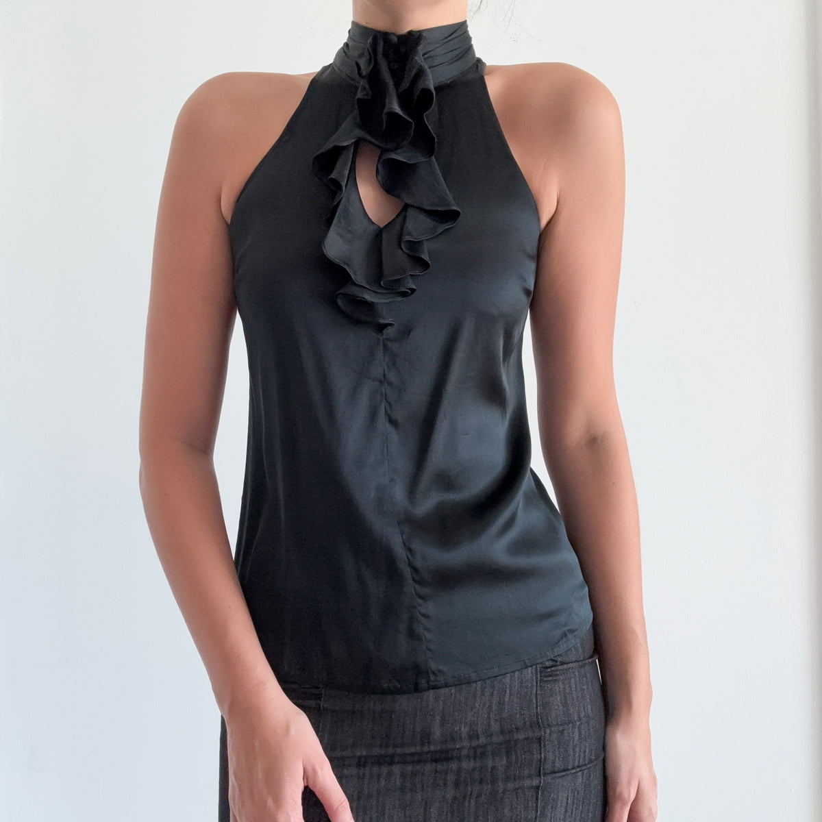 Y2K Black Silk Ruffle High Neck Blouse / SZ XS/S