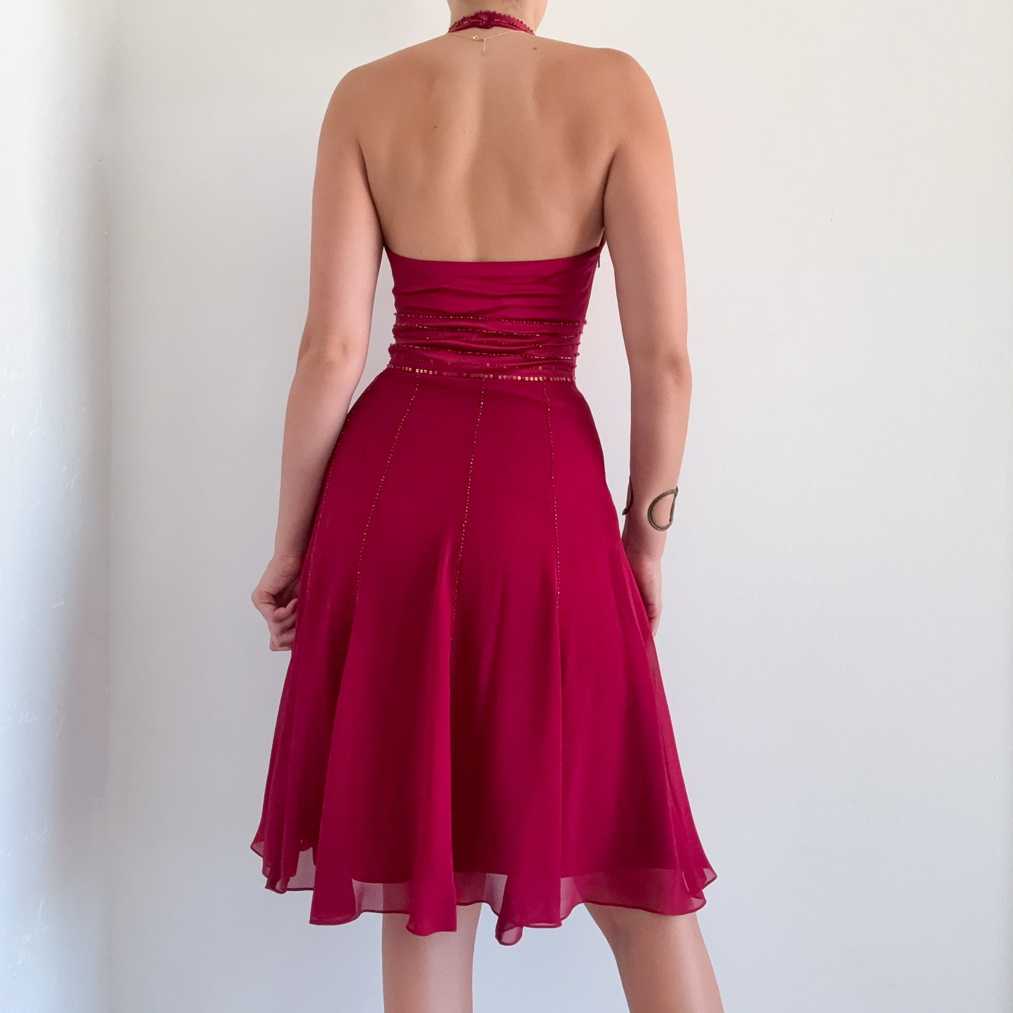 Y2K Burgundy Silk Beaded Halter Dress / SZ 2/4
