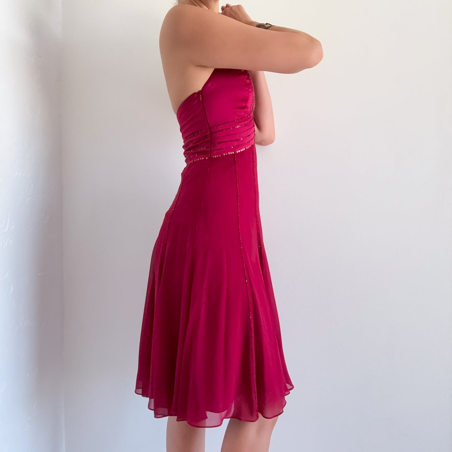 Y2K Burgundy Silk Beaded Halter Dress / SZ 2/4