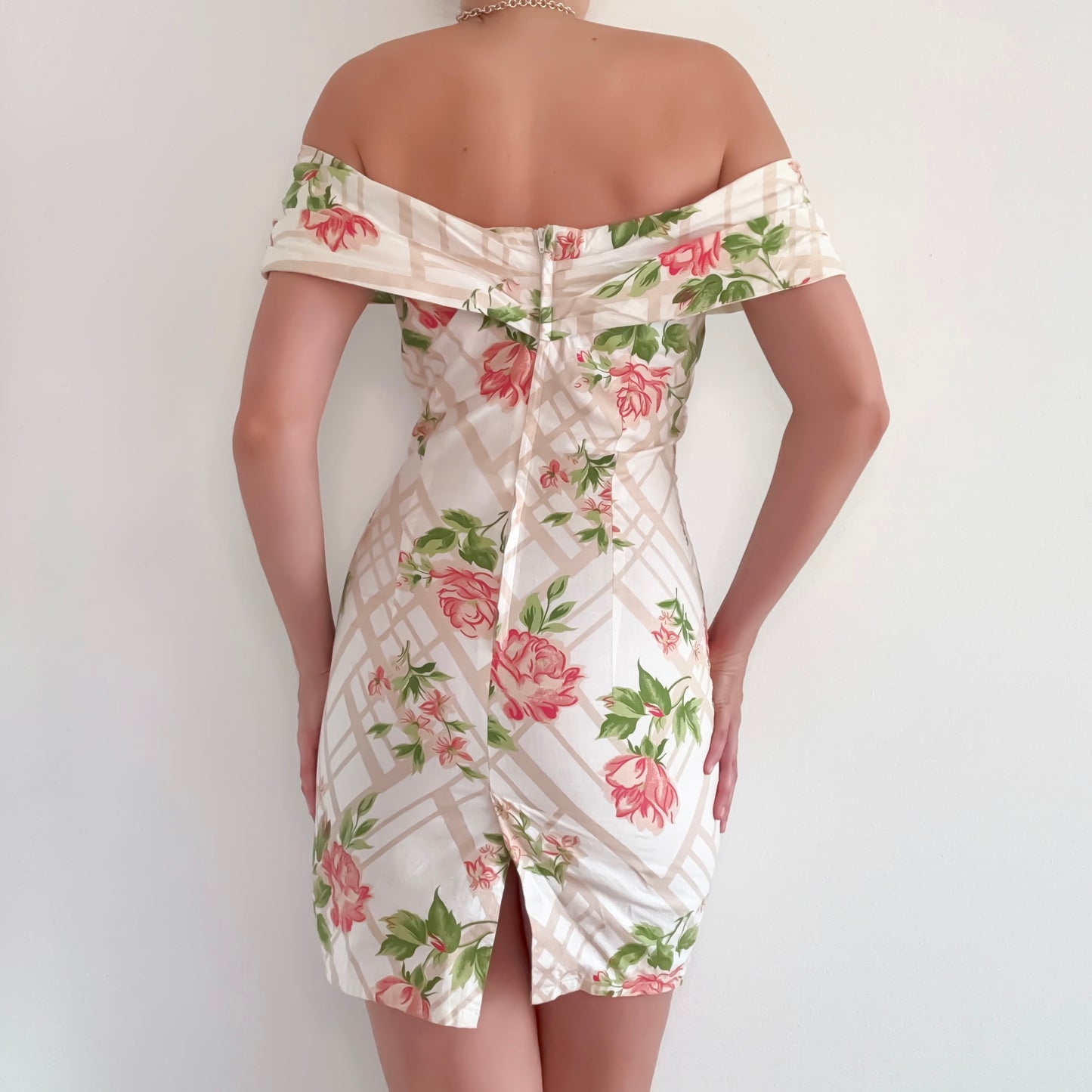 Y2K Cream & Pink Floral Off the Shoulder Dress / SZ 4/6