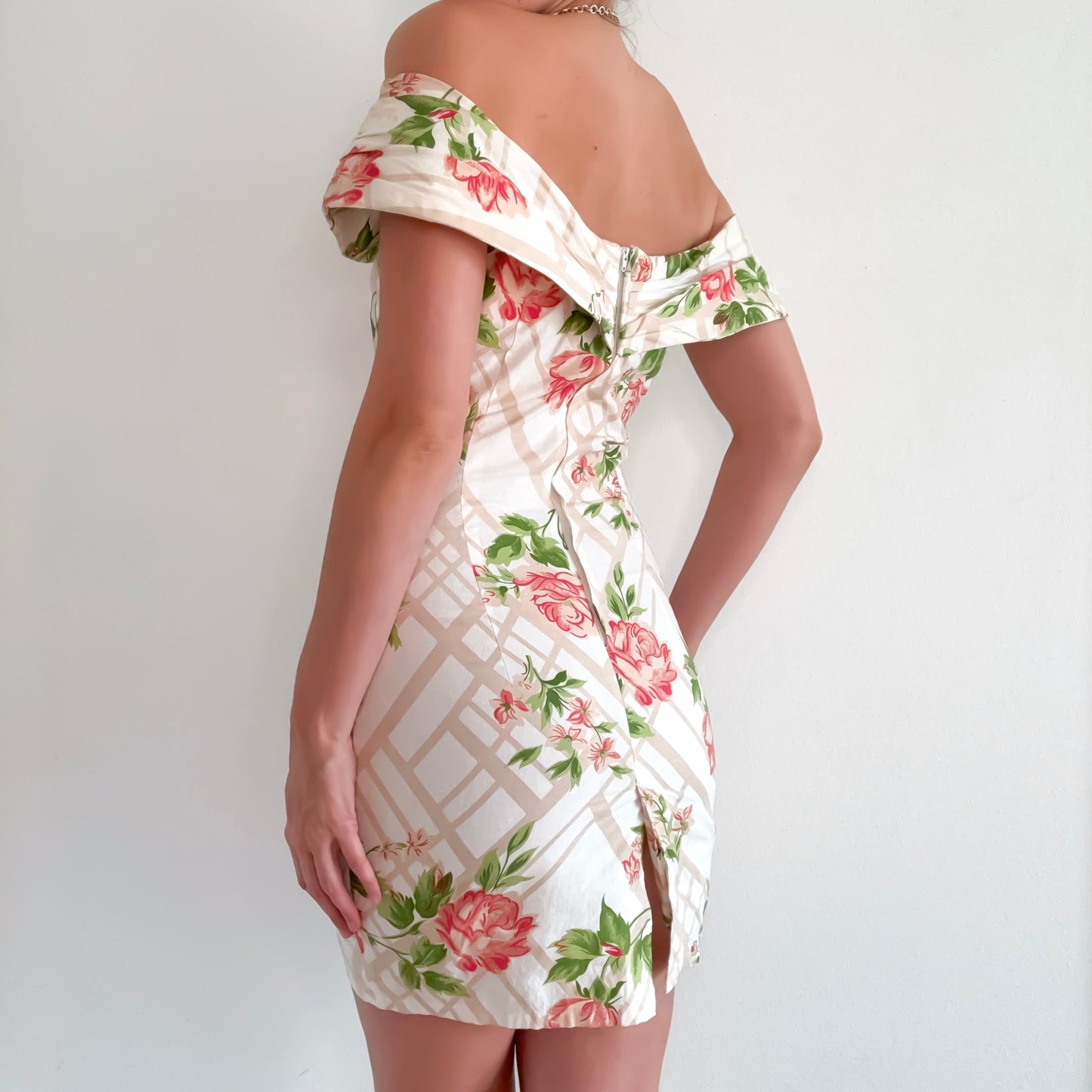 Y2K Cream & Pink Floral Off the Shoulder Dress / SZ 4/6