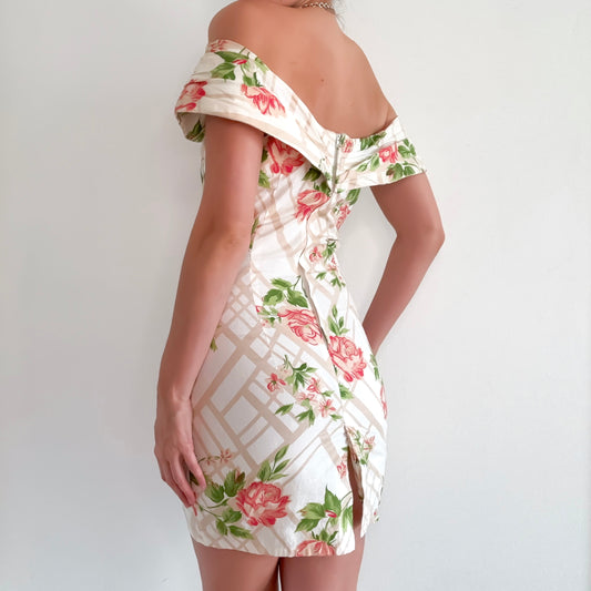 Y2K Cream & Pink Floral Off the Shoulder Dress / SZ 4/6