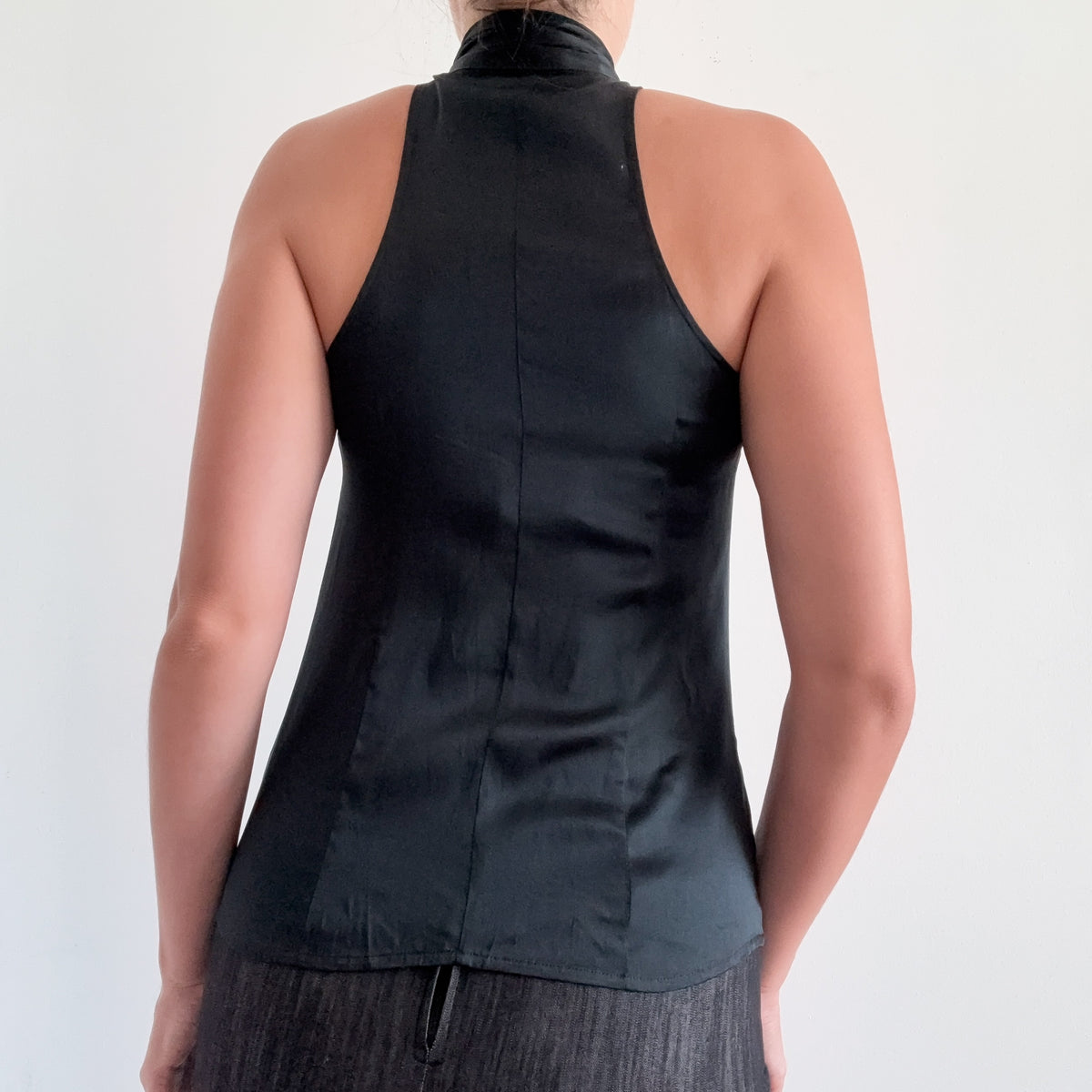 Y2K Black Silk Ruffle High Neck Blouse / SZ XS/S