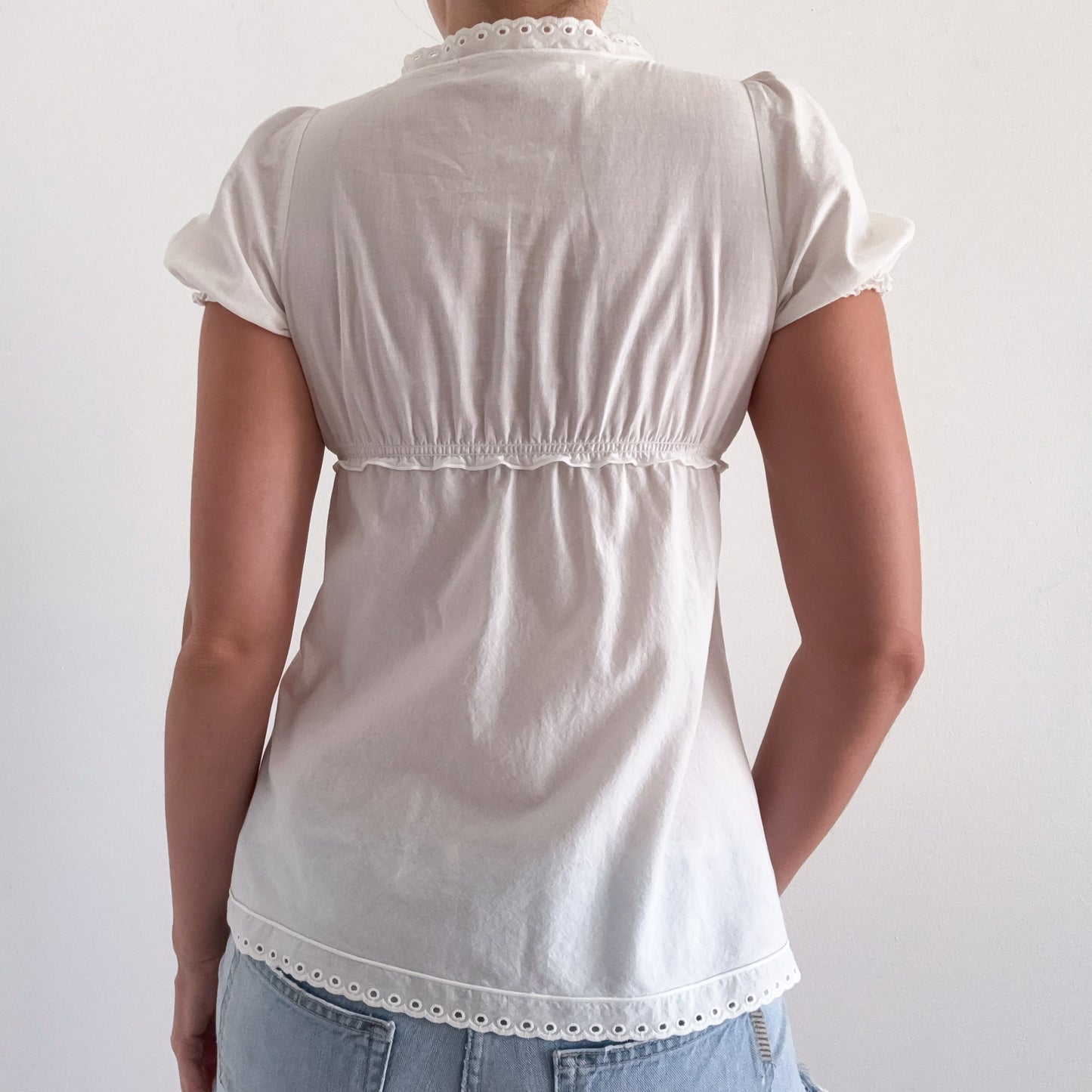 Y2K White Cotton Eyelet Babydoll Top / SZ XS-S