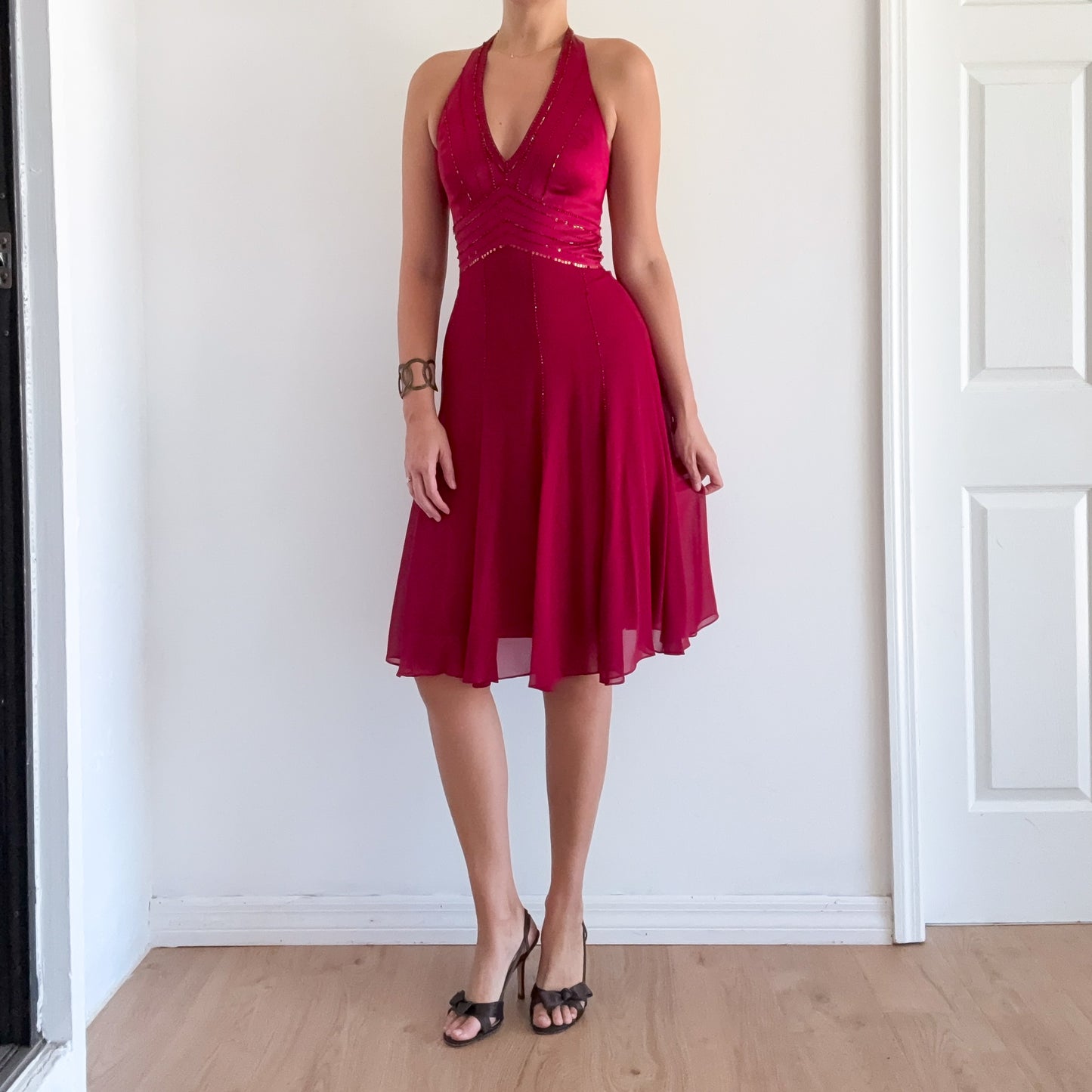 Y2K Burgundy Silk Beaded Halter Dress / SZ 2/4