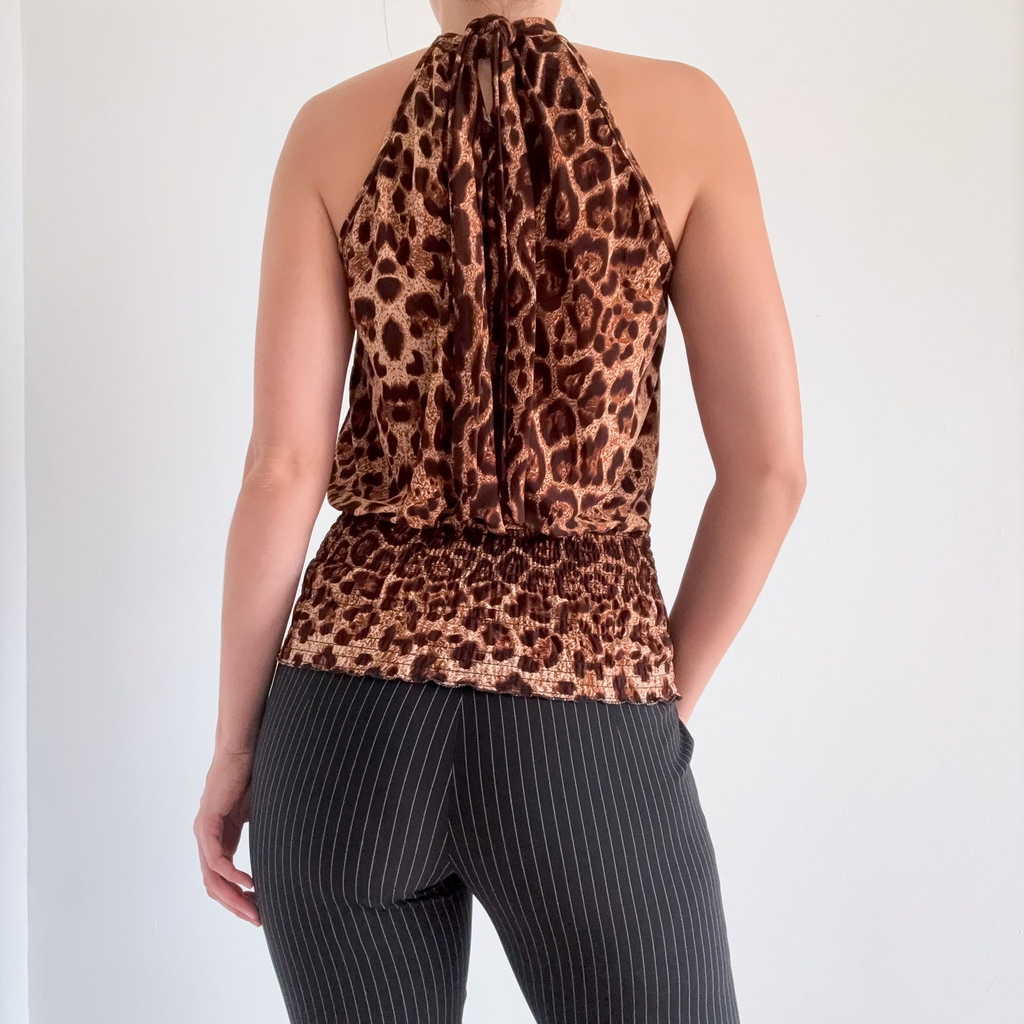 Y2K Leopard High Neck Smocked Top / SZ S-M